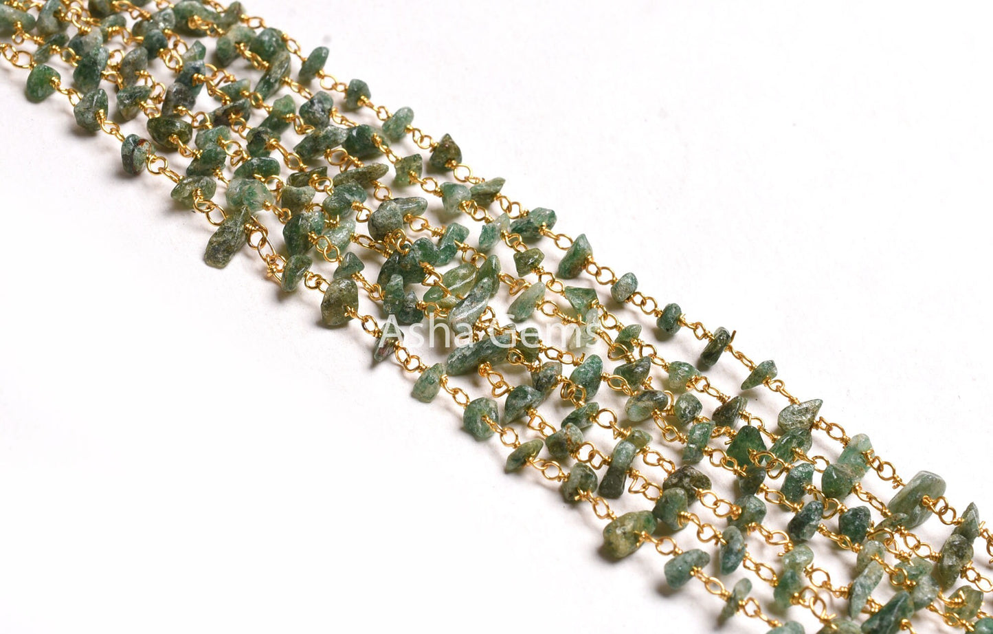 Natural Green Mica Uncut Chips Rosary Beads Chain, Gold Plated Wire Wrap Mica Nugget Beaded handmade Gemstone Chains Necklace Jewelry Crafts