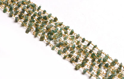 Natural Green Mica Uncut Chips Rosary Beads Chain, Gold Plated Wire Wrap Mica Nugget Beaded handmade Gemstone Chains Necklace Jewelry Crafts