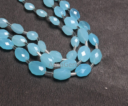 Beautiful Blue Chalcedony Hydro fancy Puff Oval Faceted Beads,10" Fine Chalcedony Blue Hydro Oval Briolette Straight Drill Bead Jewelry SALE