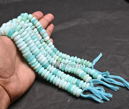 Beautiful Sky Peru Blue Opal Smooth Flat Rondelle Gemstone Loose Beads, Fine Shaded Blue Opal Plain Handmade Opal Beads Jewelry making Craft