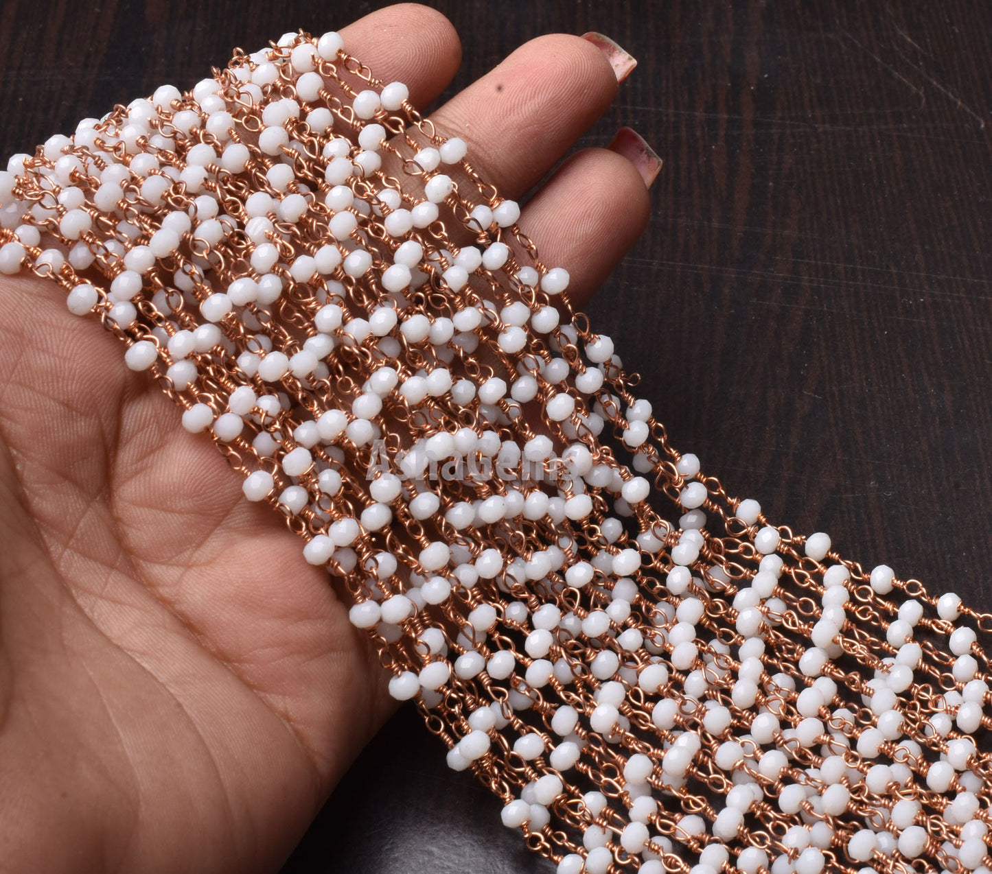 White Agate Hydro Rondelle Faceted Beads Rosary Chain,3.5 mm Rose Gold Plated Copper Wire Wrap handmade Beaded Chain Jewelry Making Necklace