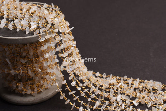 Natural White Moonstone Uncut Beads Rosary Chain, Gemstone Smooth Chip Beaded Chain Gold Plated Wire Wrap Nugget Chain Jewelry Necklace SALE