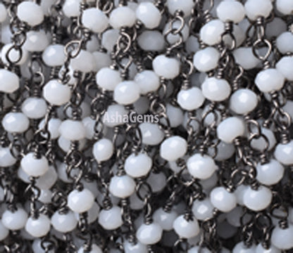 Beautiful White Agate Hydro Rondelle Faceted Beads Rosary Chain,3 mm Gun Metal Plated Black Wire Wrap Jewelry making Necklace Handmade Chain