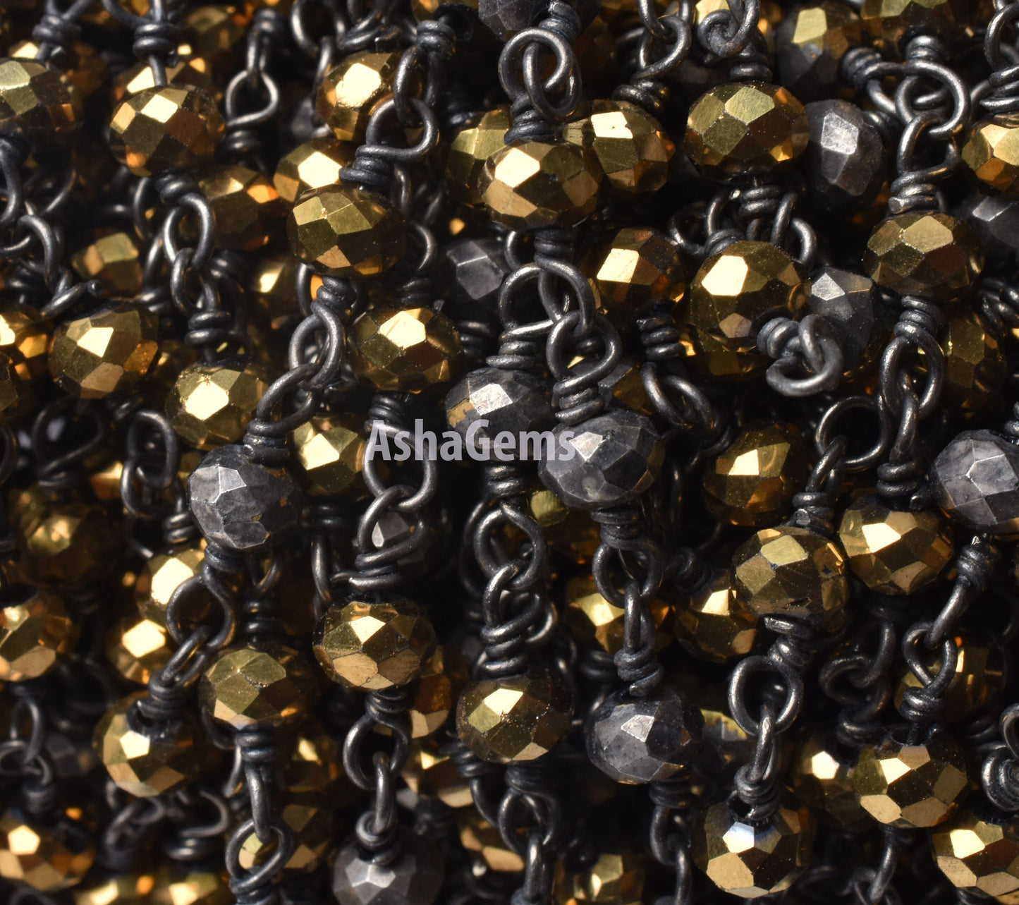 SALE 3,5,10,25 Ft Golden Pyrite Hydro Faceted Rondelle Beaded Rosary Chain Black Plated Wire Jewelry Making Finding, Wire Wrapped Chain 3 mm