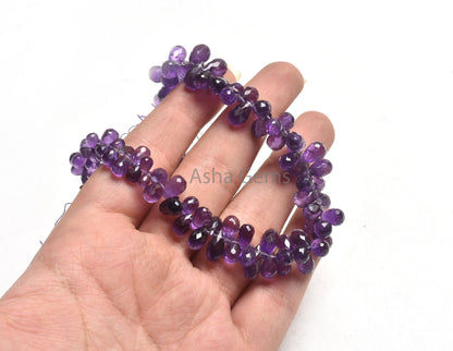 AAA Quality Natural Amethyst Faceted Drop Beads,5x7-6x9 mm Purple Amethyst Machine Cut Teardrop Gemstone Briolette,9" Amethyst Beads Jewelry