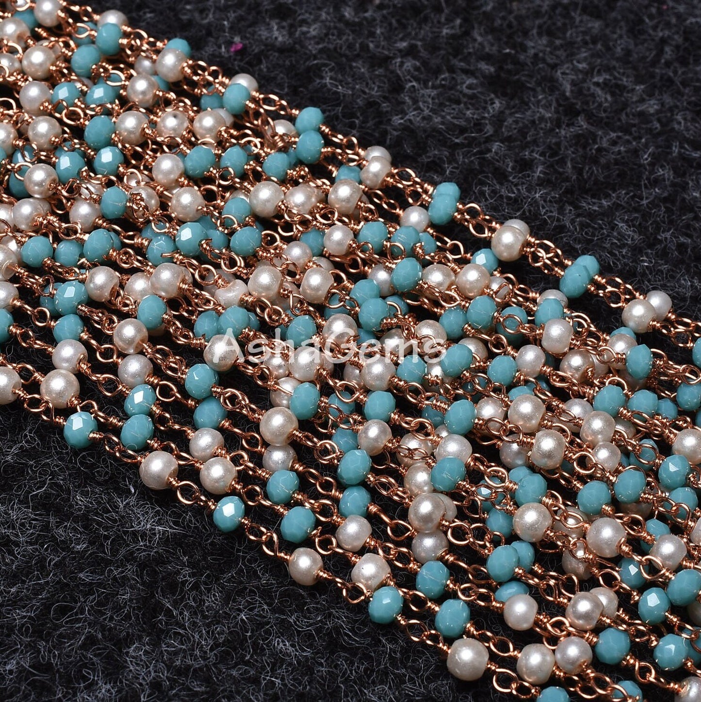 Beautiful Pearl, Blue Turquoise Hydro Rondelle Beads Rosary Chain Multi Color Beaded Rose Gold Plated Wire Roll Chain Jewelry Making Crafts