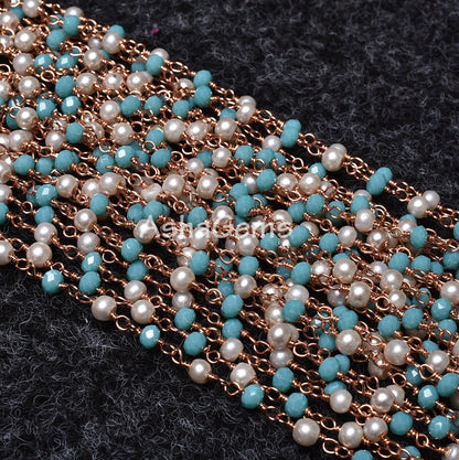Beautiful Pearl, Blue Turquoise Hydro Rondelle Beads Rosary Chain Multi Color Beaded Rose Gold Plated Wire Roll Chain Jewelry Making Crafts