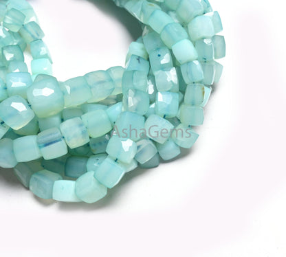 Fine Quality Blue Chalcedony Faceted 3D Cube Box Gemstone Beads, Light Blue Chalcedony Cube Indian Cut Chalcedony Beads Jewelry making Craft