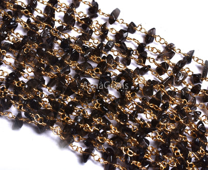 1,10,25 Foot Natural Smoky Quartz Uncut Chips Rosary Beads Chain, Gold Plated Wire Wrap Bulk Roll Jewelry Making raw Gemstone Nugget Chains