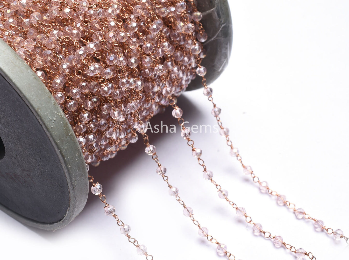Beautiful Pink Rose Quartz Hydro Faceted Beads Rosary Chain Rose Gold Plated Copper Wire Wrap Beaded Rondelle Chain Rosary Jewelry Craft 3mm