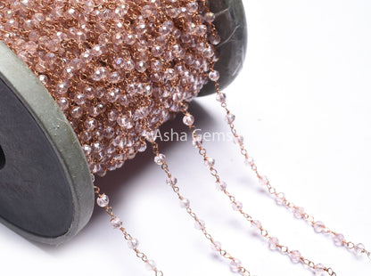 Beautiful Pink Rose Quartz Hydro Faceted Beads Rosary Chain Rose Gold Plated Copper Wire Wrap Beaded Rondelle Chain Rosary Jewelry Craft 3mm