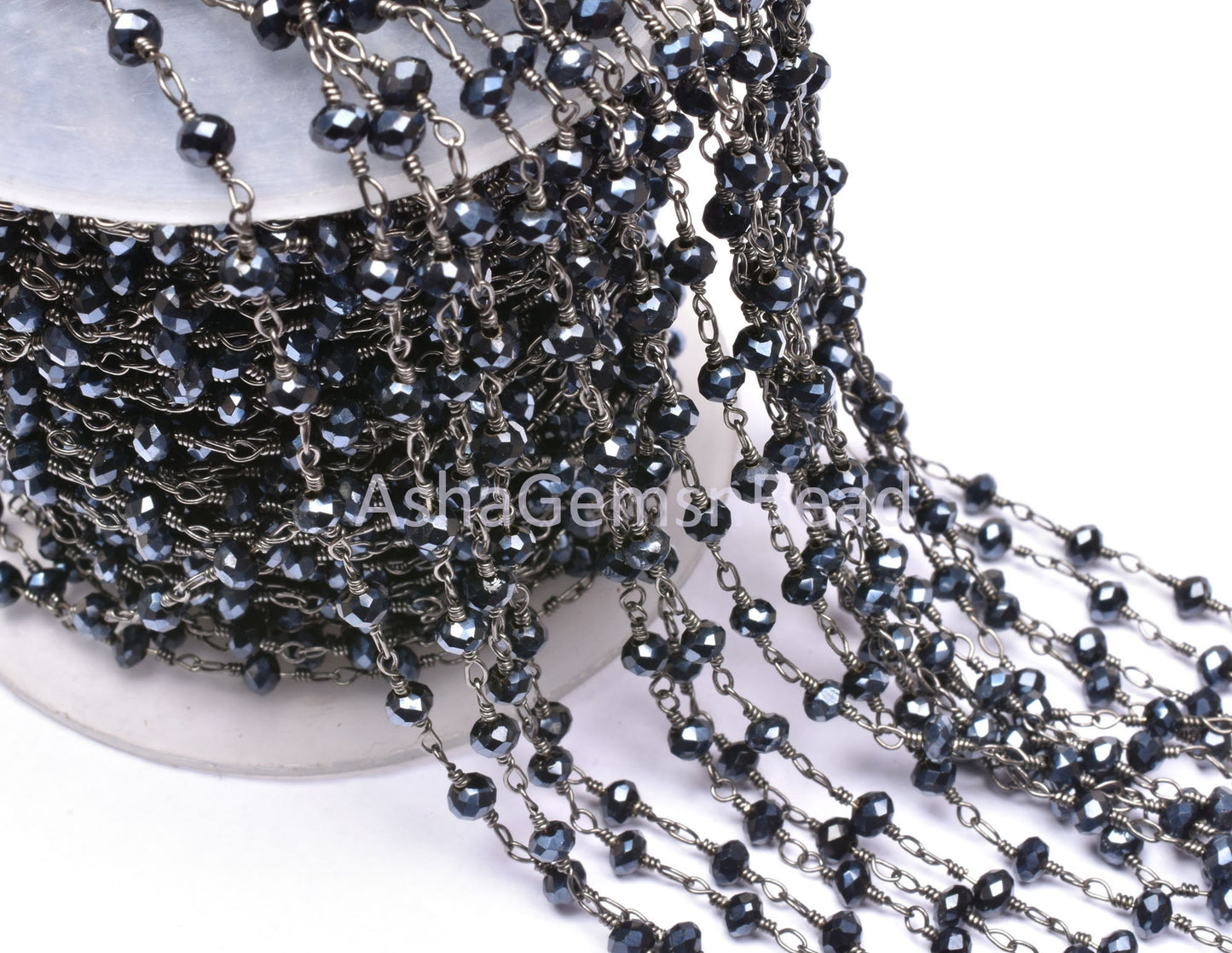 AAA Black Spinel Hydro Silver Coated Faceted Rondelle Beaded Rosary Chain Jewelry Making Finding, Black Plated Wire Wrap Handmade Chain Bead
