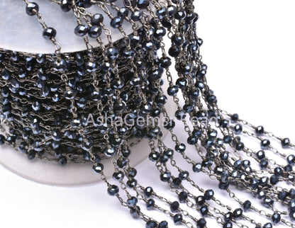 AAA Black Spinel Hydro Silver Coated Faceted Rondelle Beaded Rosary Chain Jewelry Making Finding, Black Plated Wire Wrap Handmade Chain Bead