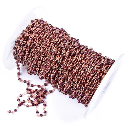 SALE 3,5,10,25 Ft Rhodolite Garnet Hydro Faceted Rondelle Beaded Rosary Chain Rose Gold Plated Wire,Jewelry Making Finding, Chain 3-3.5mm