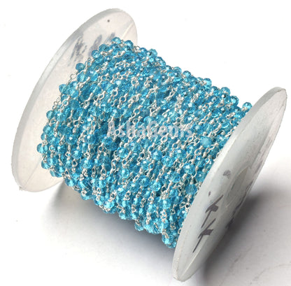 Beautiful Blue Topaz Hydro Faceted Rondelle Beads Rosary Chain 3-3.5 mm Rosary handmade Beaded Chains Roll Wire Wrap Jewelry Making Necklace Crafts