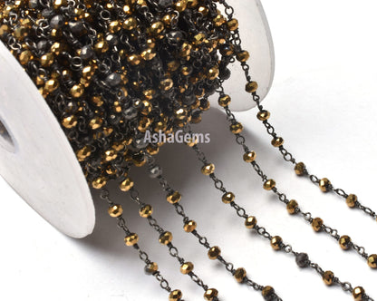SALE 3,5,10,25 Ft Golden Pyrite Hydro Faceted Rondelle Beaded Rosary Chain Black Plated Wire Jewelry Making Finding, Wire Wrapped Chain 3 mm