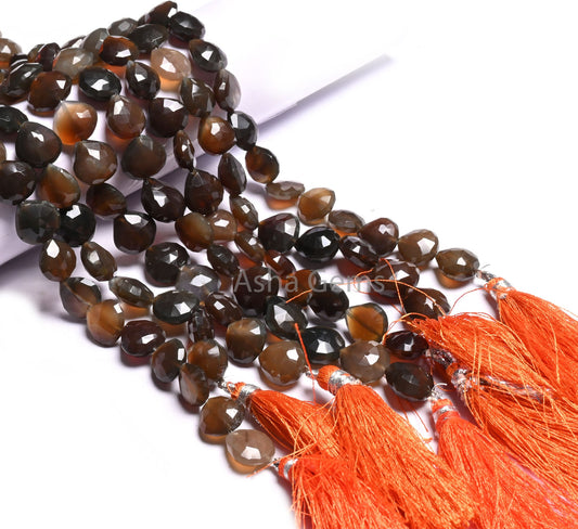 Beautiful Dark Grey Brown Chalcedony Faceted Heart Bead,9.5" Shaded Chalcedony Heart Straight Drill Gemstone Briolette Beads Jewelry Crafts