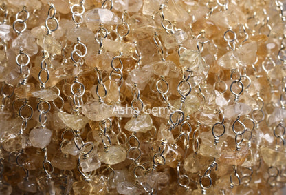 Natural Citrine Quartz Uncut Chip Beads Rosary Chain Silver Plated Wire Wrap Beaded handmade Chains,Gemstone Nugget Chain Jewelry Craft SALE