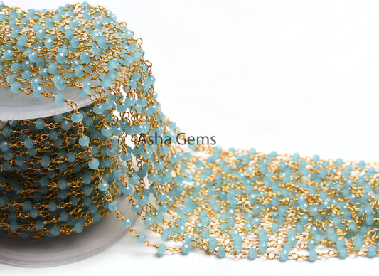 1,5,10,50 Feet Chain Blue Milky Aqua Chalcedony Hydro Faceted Rondelle Beads Rosary Chain Gold Plated Wire Bulk Roll Findings Beaded Chains