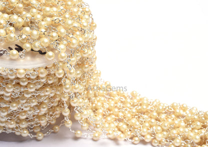 4 mm Beautiful Milky Pearl Hydro smooth Rondelle Beads Rosary Chain 1-50 Feet Silver Plated Wire Wrap handmade Rosary Chain Jewelry Necklace