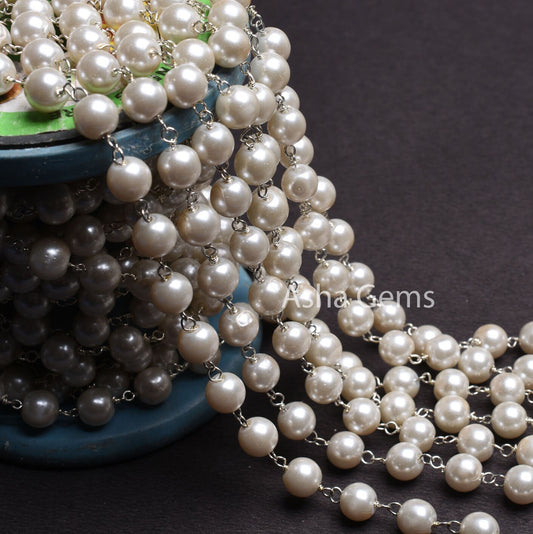 8mm Beautiful White Pearl Hydro Rondelle Beads Rosary Chain Gold Silver Copper Plated Wire Wrap Chains Jewelry Making Necklace Chain By Feet