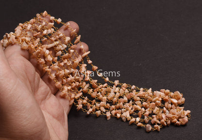 Natural Peach Moonstone Uncut Chip Beads Rosary Chain By Foot, Gold Plated Wire Wrap Moonstone Raw Rough Gemstone Beads Chain Jewelry making