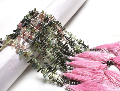 Fine Multi Pink Green Tourmaline Pencil Shape Uneven Gemstone Beads, Real Tourmaline Smooth Raw Long Stick Rough fancy Side Drill Bead Craft