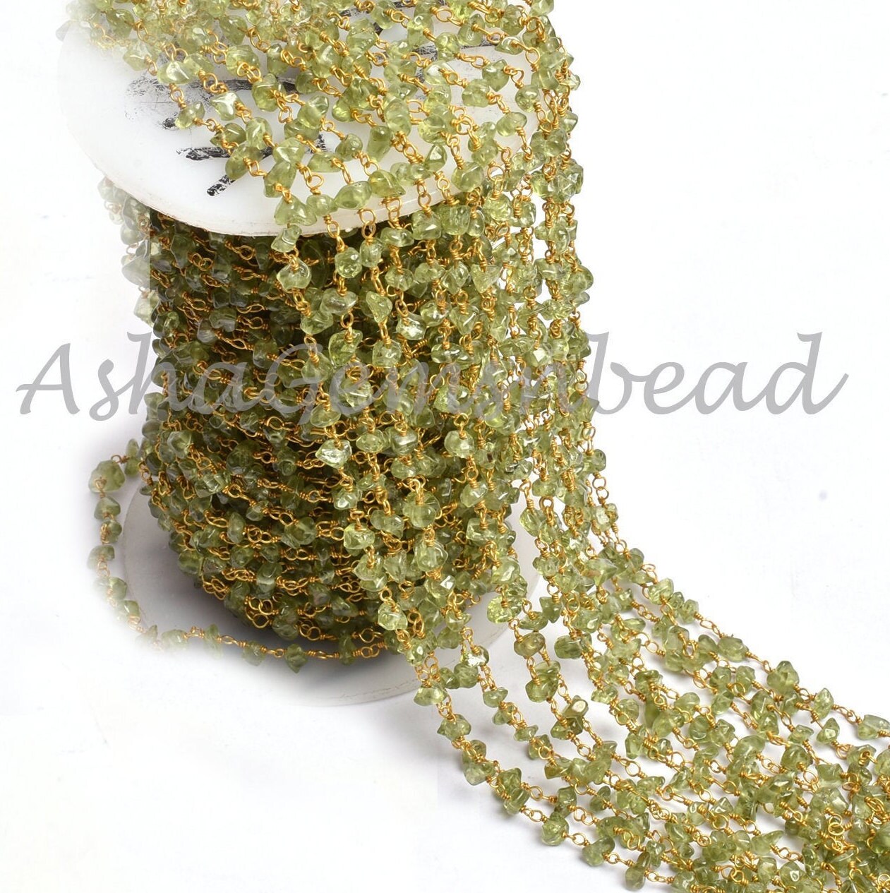 3,5,10,25 Feet Chain, Natural Green Peridot Uncut Chip Beads rosary Chain Gold Plated Wire Bulk Roll Smooth Gemstone Beaded Rosary Chain