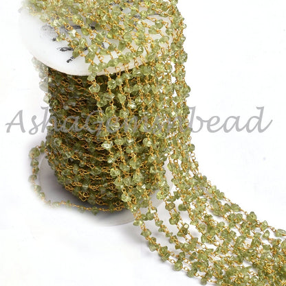 3,5,10,25 Feet Chain, Natural Green Peridot Uncut Chip Beads rosary Chain Gold Plated Wire Bulk Roll Smooth Gemstone Beaded Rosary Chain