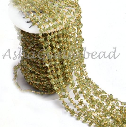 3,5,10,25 Feet Chain, Natural Green Peridot Uncut Chip Beads rosary Chain Gold Plated Wire Bulk Roll Smooth Gemstone Beaded Rosary Chain