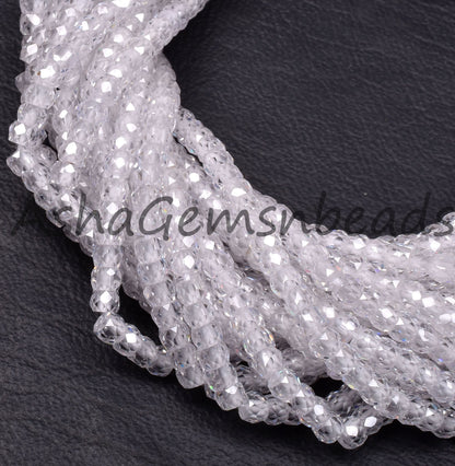 Beautiful Crystal Quartz Color Zircon Micro Cut Beads,15" Strand White Zircon Faceted Roundelle Beads,3mm AAA Clear Cubic Zircon Beads SALE