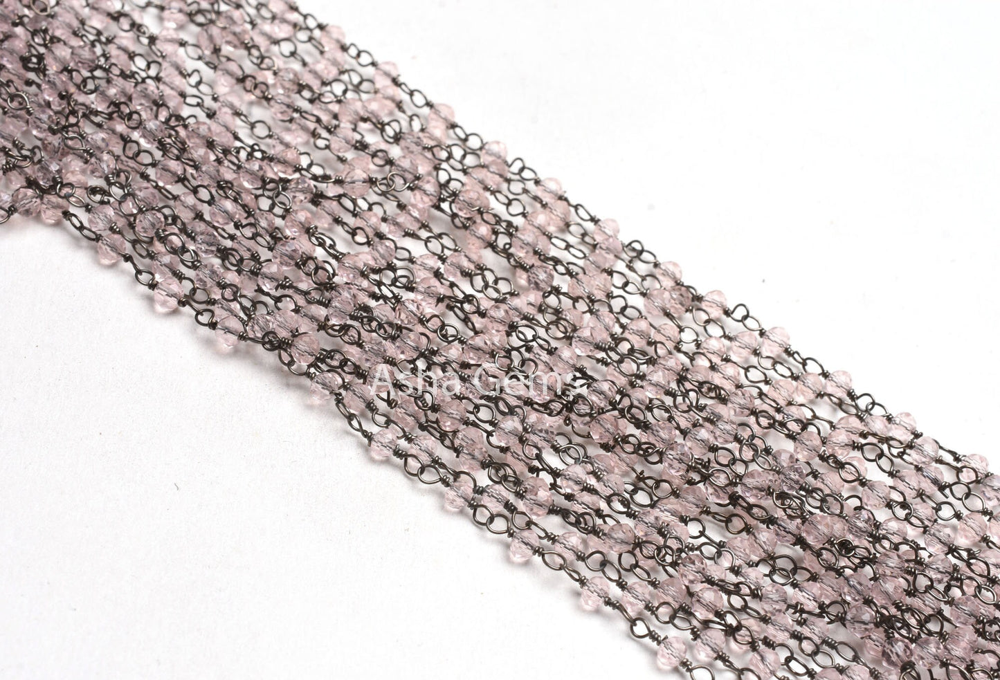AAA Light Pink Quartz Hydro Micro Cut Beads Rosary Chain Gunmetal Black Plated Wire Wrap handmade Beaded Chains Necklace Making Jewelry 3 mm