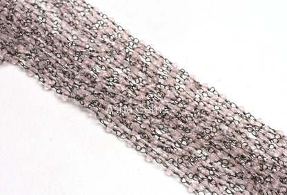 AAA Light Pink Quartz Hydro Micro Cut Beads Rosary Chain Gunmetal Black Plated Wire Wrap handmade Beaded Chains Necklace Making Jewelry 3 mm