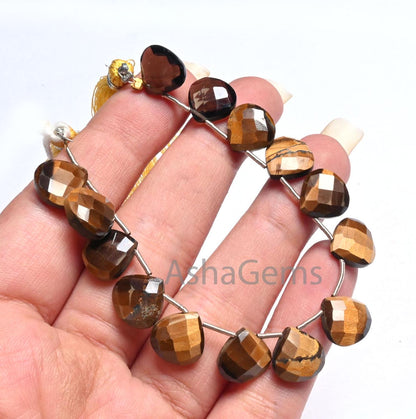 Beautiful Tiger Eye Faceted Heart Shape Beads,11 mm natural Tiger eye+ 2 Piece Smoky quartz Heart Briolette Gemstone Bead Jewelry Craft SALE (AG 18613)