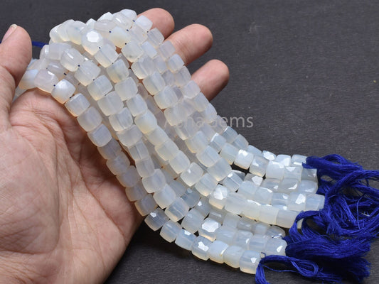 8" Strand White Chalcedony Faceted Cube Gemstone Beads, Natural Chalcedony Indian Cut 3D Cube Box Center Drill Bead Chalcedony Beads Jewelry