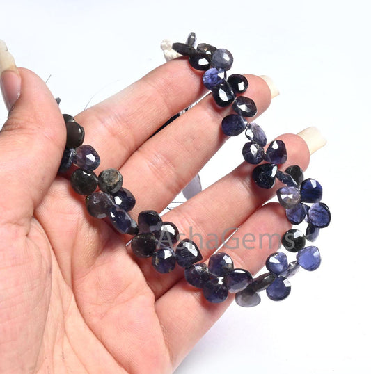 8 mm Natural Blue Iolite Faceted Heart Shape Gemstone Beads,8" Strand Iolite Heart Briolette Side Drill Fine Iolite Beads Jewelry Craft SALE (AG 18614 )