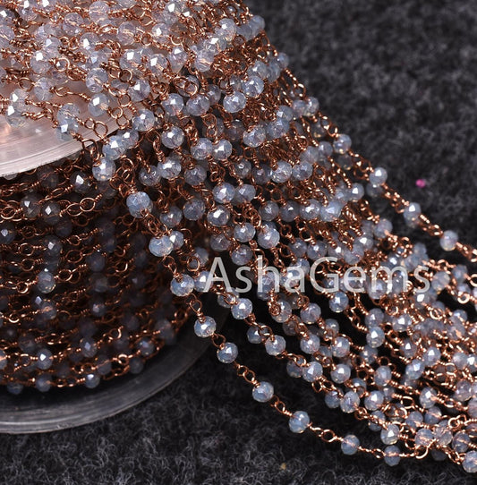 Beautiful Rainbow Moonstone Hydro Silver Coated Faceted Beads Rosary Chain By Feet,3mm Copper Plated Wire Wrap Bulk Chain For Jewelry Making