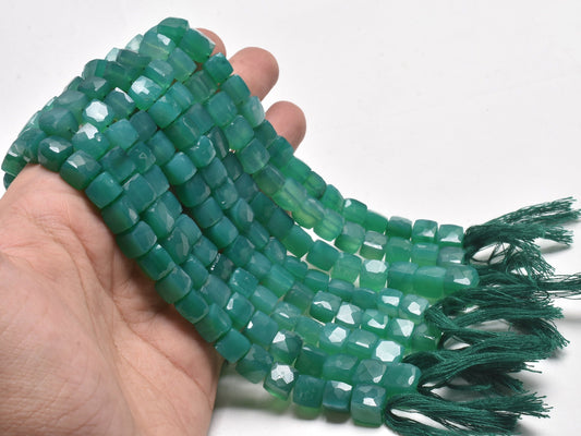 Beautiful Green Onyx Faceted 3D Cube Box Center Drill Beads,8" Strand Green Onyx Cube Gemstone Handmade Beads Onyx Bead Jewelry Making Craft
