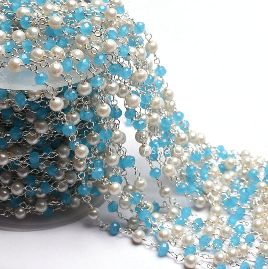 AAA Pearl Blue Chalcedony Hydro Faceted Rondelle Beads Chain Rosary Chain Silver Plated Wire Wrap Multi Color Beads Handmade Chains Jewelry