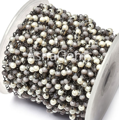 Fine White Pearl, Grey moonstone Hydro Beads Rosary Chain, Multi Color Rondelle Beaded Chain Black Plated Wire Wrap Gunmetal Chains Jewelry