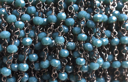 Black Metal Plated Light Neon Blue Apatite Hydro Beaded Rosary Chain 3,10,25,50 Feet Faceted Rondelle Chain 3-3.5 mm Finding Jewelry Chain
