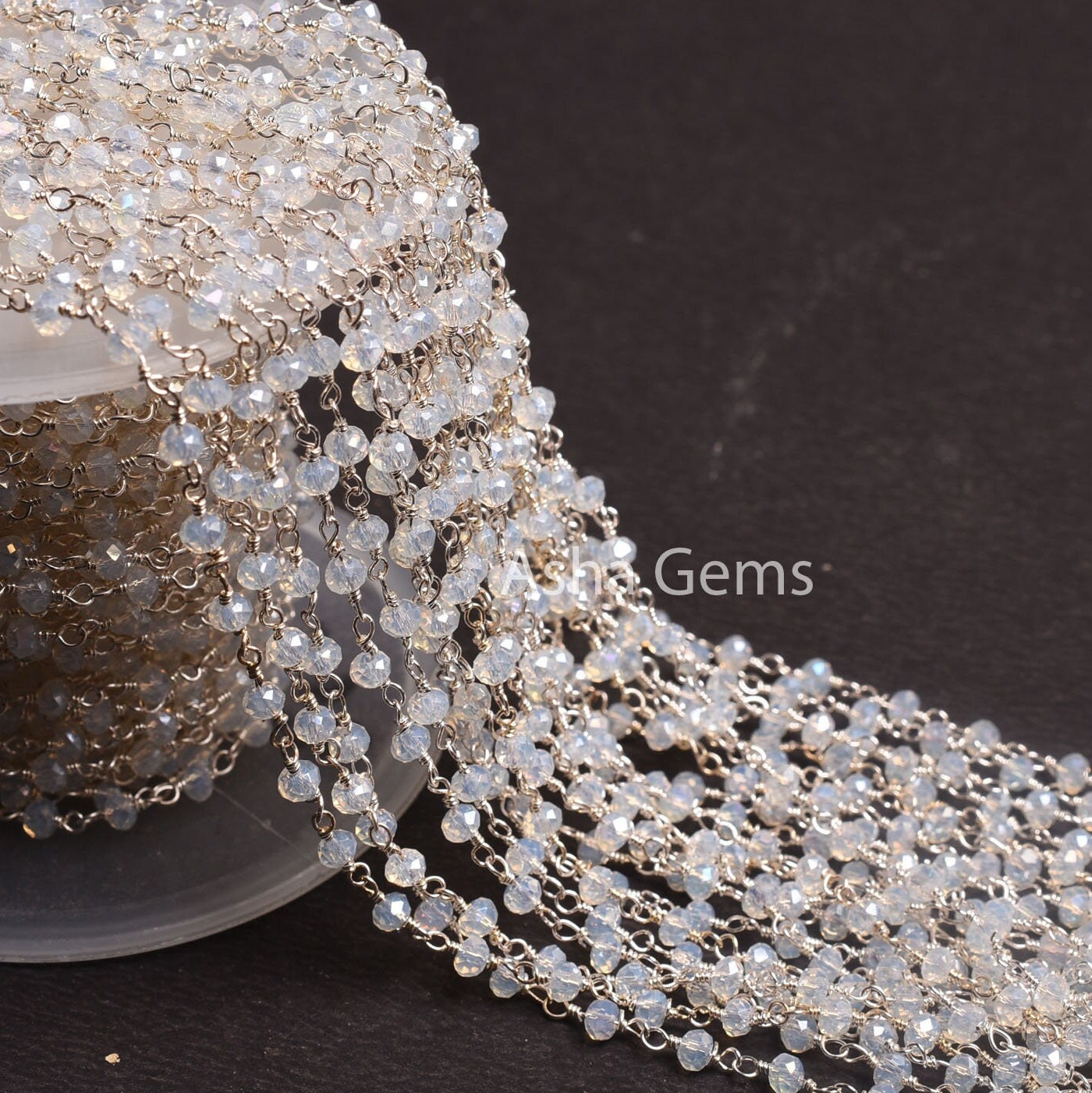 3,5,10,25 Feet Roll Bulk, Rainbow Moonstone Hydro Silver Coated  Rondelle Faceted Rosary Chain, Silver Plated Wire Bulk Chain Jewelry Making