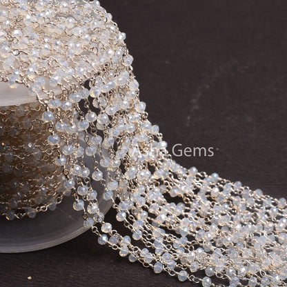 3,5,10,25 Feet Roll Bulk, Rainbow Moonstone Hydro Silver Coated  Rondelle Faceted Rosary Chain, Silver Plated Wire Bulk Chain Jewelry Making