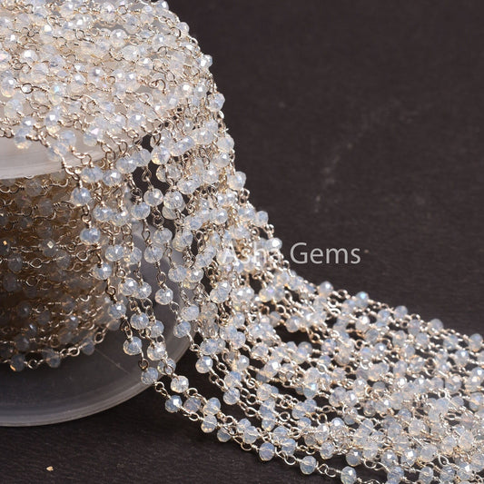 3,5,10,25 Feet Roll Bulk, Rainbow Moonstone Hydro Silver Coated  Rondelle Faceted Rosary Chain, Silver Plated Wire Bulk Chain Jewelry Making