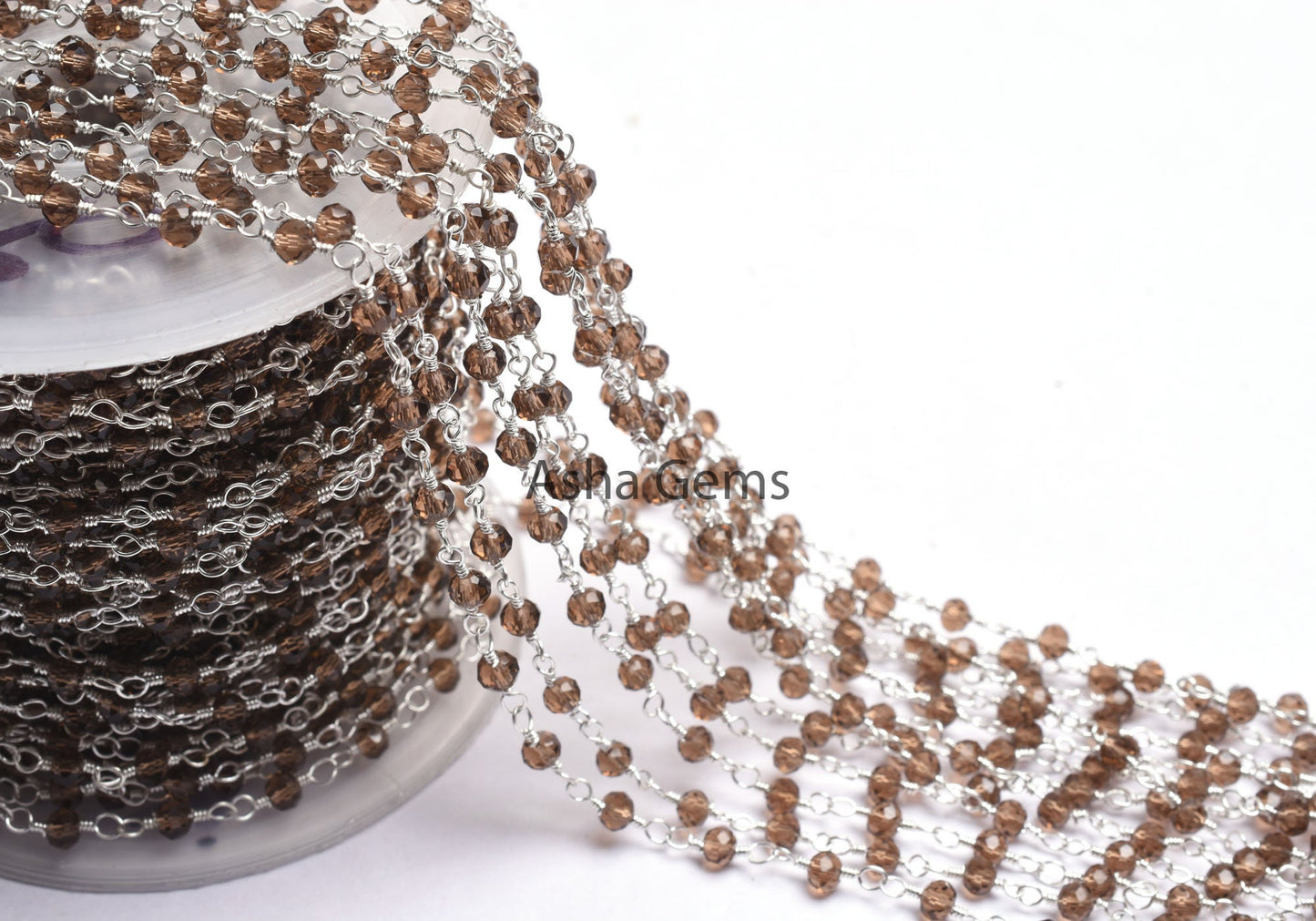 Smoky Quartz Hydro Beads Rosary Chain,3,5,10 Foot,  Rosary Beaded Chain, Silver Plated Metal,Bulk Roll,Jewelry Making,Finding Chain