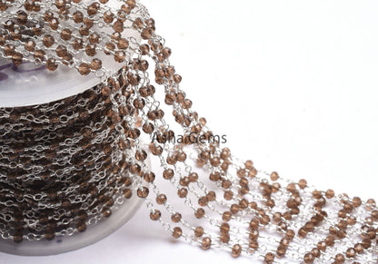 Smoky Quartz Hydro Beads Rosary Chain,3,5,10 Foot,  Rosary Beaded Chain, Silver Plated Metal,Bulk Roll,Jewelry Making,Finding Chain