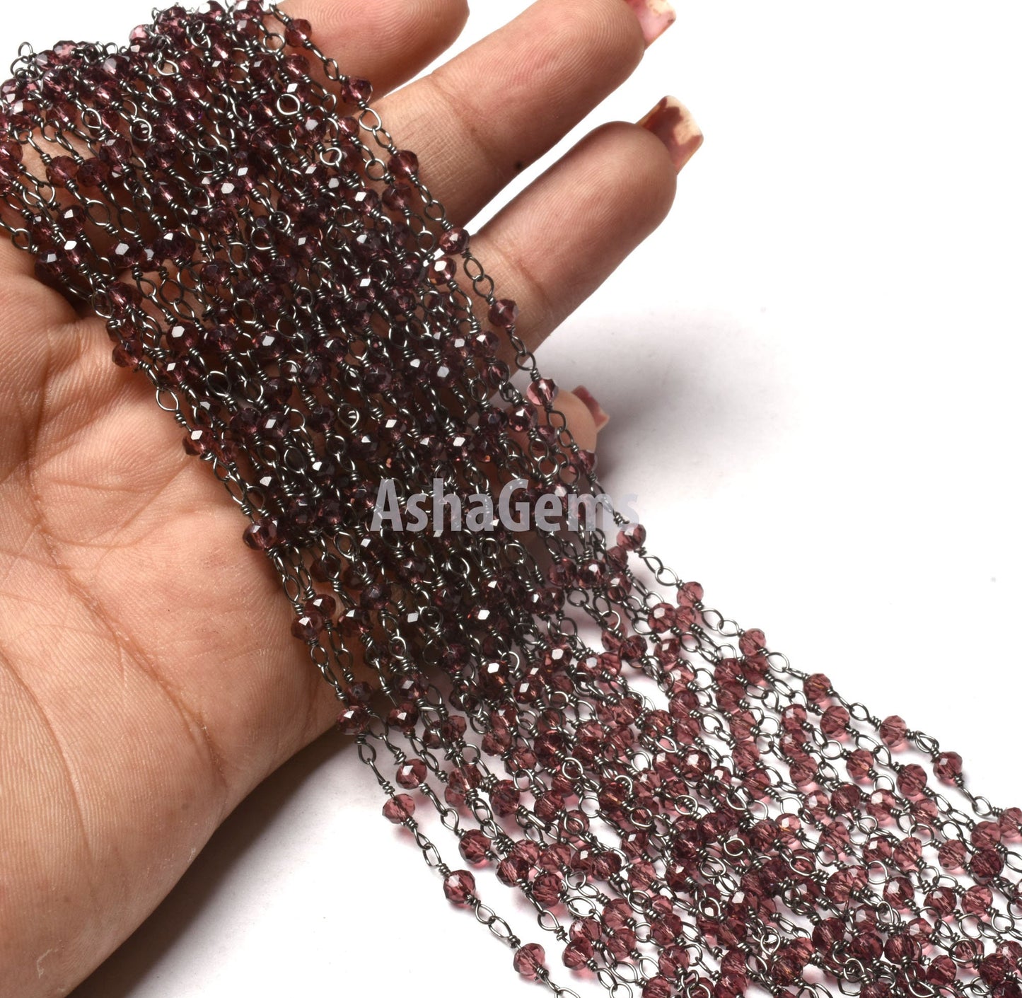 SALE 3,5,10,25 Ft Rhodolite Garnet Hydro Faceted Rondelle Beaded Rosary Chain Black Plated Wire,Jewelry Making Finding, Chain 3-3.5mm
