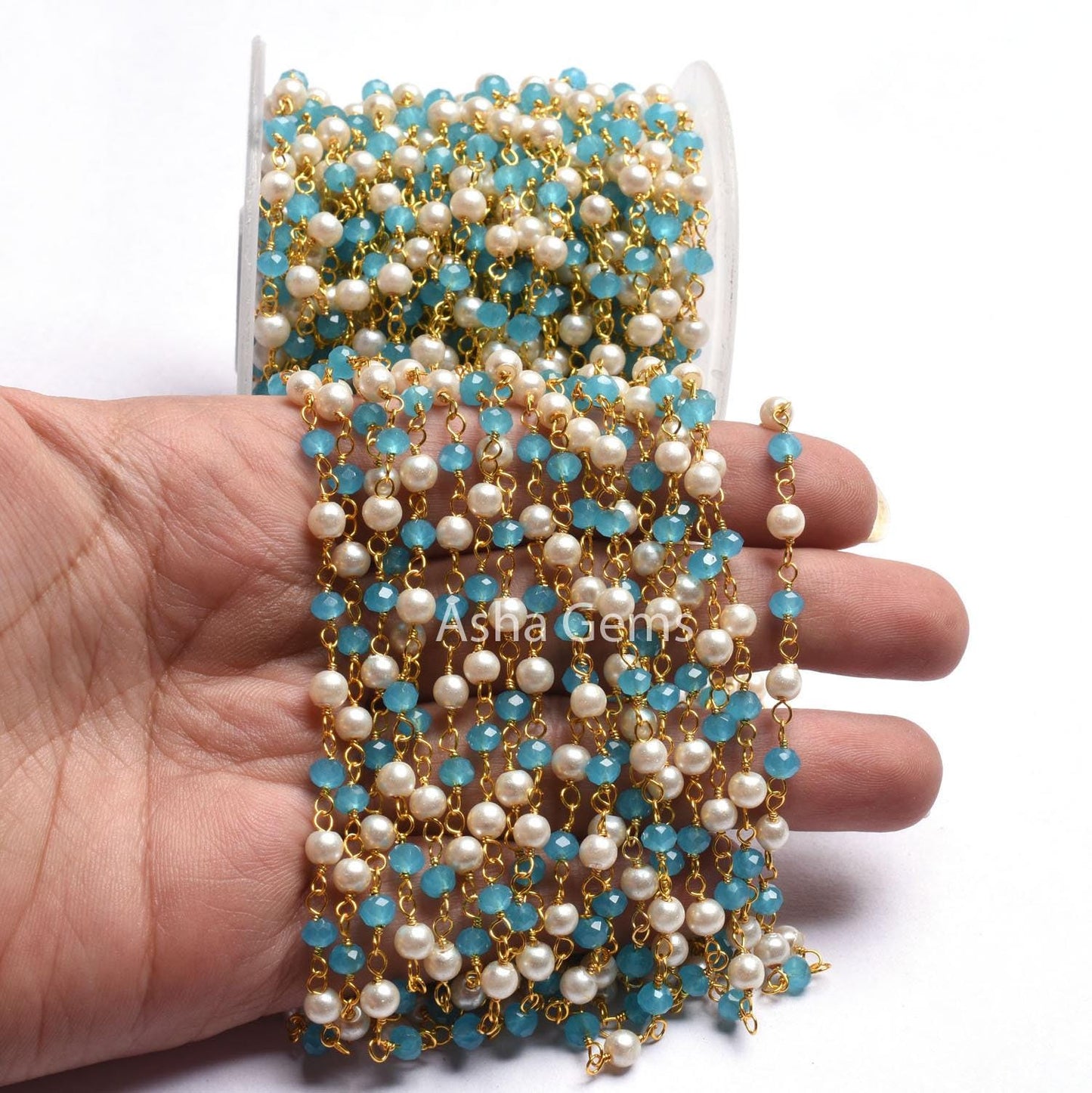 Beautiful Pearl, Blue Chalcedony Hydro Beads Rosary Chain,4 mm Multi Color Rondelle Gold Plated Wire Wrap Bulk Handmade Chain Jewelry Making