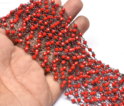AAA Red Onyx Hydro Faceted Rondelle Beads Rosary Chain Black Metal Plated Gunmetal Wire Wrapped Chain 3-3.5mm Jewelry Making Necklace Chains