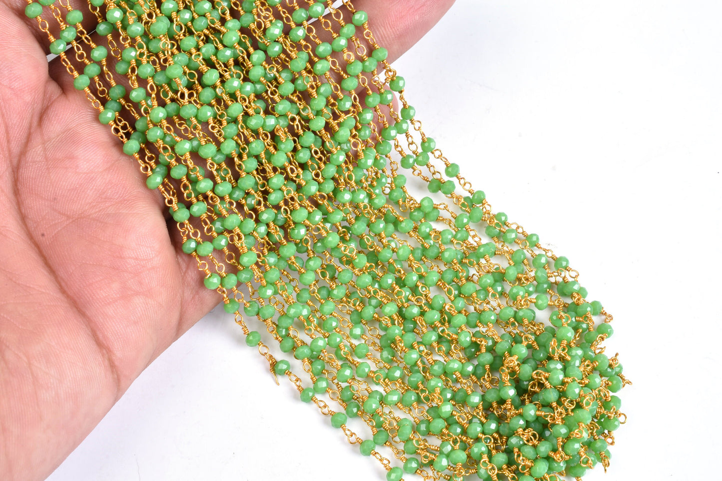 3,10,25 Foot Green Jasper Hydro Faceted Rondelle Beads Rosary Chain 3-3.5 mm Gold Plated Wire handmade Beaded Chain Jewelry Craft SALE DIY